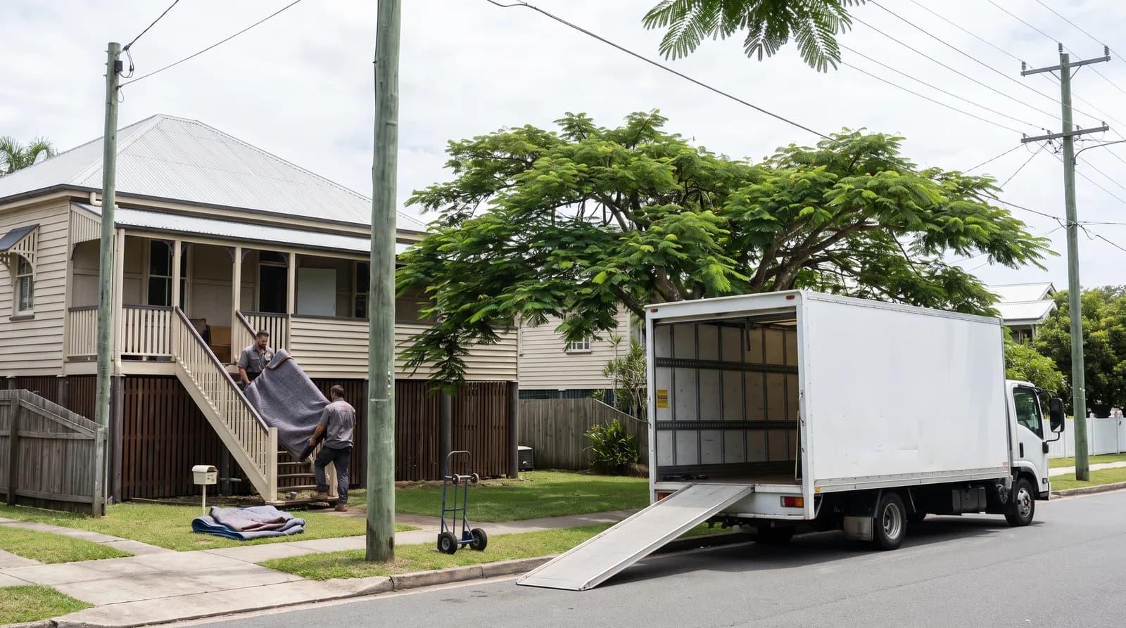 Removalists carrying a blanket-wrapped slate slab down the front stairs of a Queenslander home